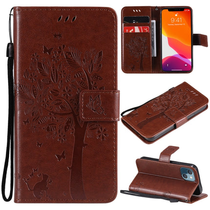 Tree & Cat Pattern Pressed Printing Horizontal Flip PU Leather Case with Holder & Card Slots & Wallet & Lanyard For iPhone 13 mini(Brown)-garmade.com