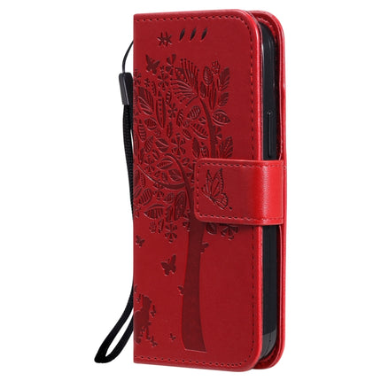 Tree & Cat Pattern Pressed Printing Horizontal Flip PU Leather Case with Holder & Card Slots & Wallet & Lanyard For iPhone 13 mini(Red)-garmade.com