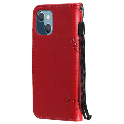 Tree & Cat Pattern Pressed Printing Horizontal Flip PU Leather Case with Holder & Card Slots & Wallet & Lanyard For iPhone 13 mini(Red)-garmade.com