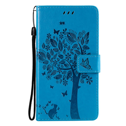 Tree & Cat Pattern Pressed Printing Horizontal Flip PU Leather Case with Holder & Card Slots & Wallet & Lanyard For iPhone 13 mini(Blue)-garmade.com