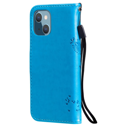 Tree & Cat Pattern Pressed Printing Horizontal Flip PU Leather Case with Holder & Card Slots & Wallet & Lanyard For iPhone 13 mini(Blue)-garmade.com