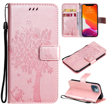Tree & Cat Pattern Pressed Printing Horizontal Flip PU Leather Case with Holder & Card Slots & Wallet & Lanyard For iPhone 13 mini(Rose Gold)-garmade.com