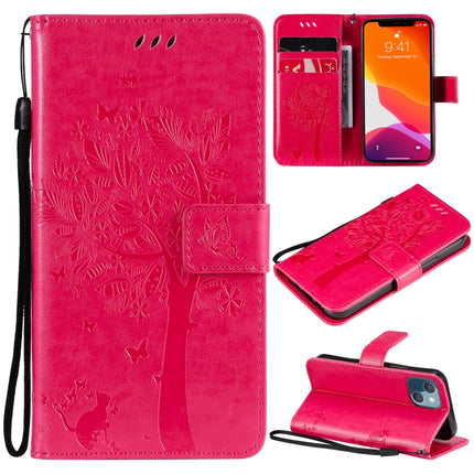 Tree & Cat Pattern Pressed Printing Horizontal Flip PU Leather Case with Holder & Card Slots & Wallet & Lanyard For iPhone 13 mini(Rose Red)-garmade.com
