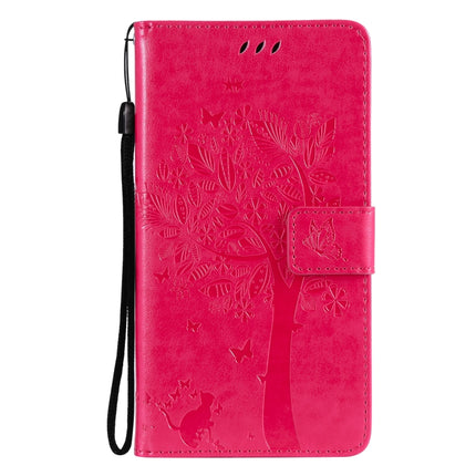 Tree & Cat Pattern Pressed Printing Horizontal Flip PU Leather Case with Holder & Card Slots & Wallet & Lanyard For iPhone 13 mini(Rose Red)-garmade.com