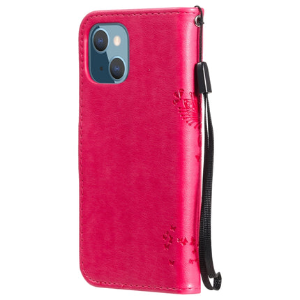 Tree & Cat Pattern Pressed Printing Horizontal Flip PU Leather Case with Holder & Card Slots & Wallet & Lanyard For iPhone 13 mini(Rose Red)-garmade.com