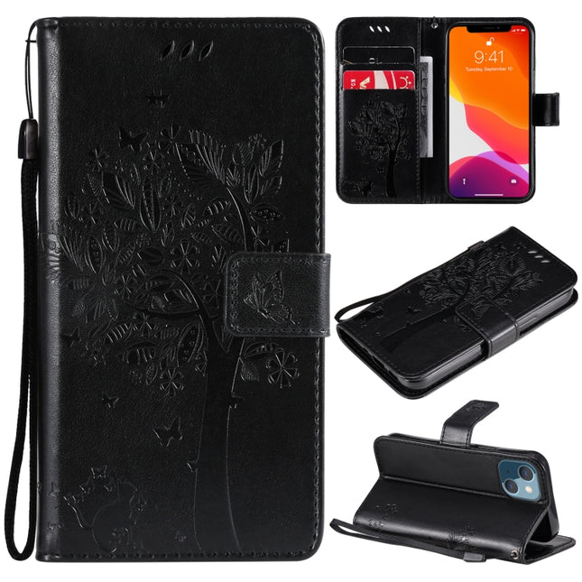 Tree & Cat Pattern Pressed Printing Horizontal Flip PU Leather Case with Holder & Card Slots & Wallet & Lanyard For iPhone 13 mini(Black)-garmade.com