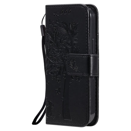 Tree & Cat Pattern Pressed Printing Horizontal Flip PU Leather Case with Holder & Card Slots & Wallet & Lanyard For iPhone 13 mini(Black)-garmade.com