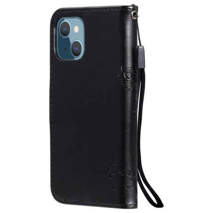 Tree & Cat Pattern Pressed Printing Horizontal Flip PU Leather Case with Holder & Card Slots & Wallet & Lanyard For iPhone 13 mini(Black)-garmade.com
