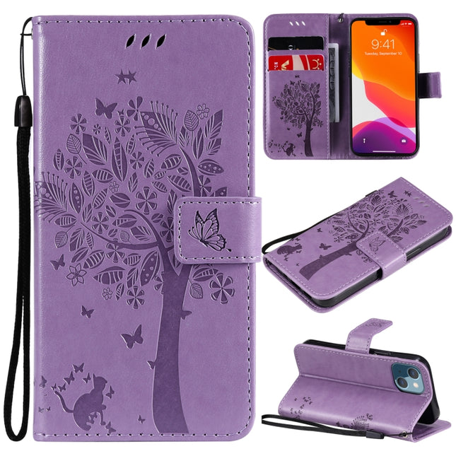 Tree & Cat Pattern Pressed Printing Horizontal Flip PU Leather Case with Holder & Card Slots & Wallet & Lanyard For iPhone 13 mini(Light Purple)-garmade.com