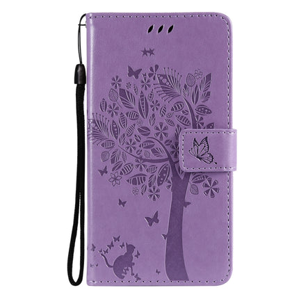 Tree & Cat Pattern Pressed Printing Horizontal Flip PU Leather Case with Holder & Card Slots & Wallet & Lanyard For iPhone 13 mini(Light Purple)-garmade.com