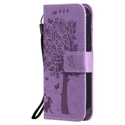 Tree & Cat Pattern Pressed Printing Horizontal Flip PU Leather Case with Holder & Card Slots & Wallet & Lanyard For iPhone 13 mini(Light Purple)-garmade.com