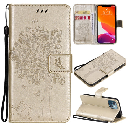 Tree & Cat Pattern Pressed Printing Horizontal Flip PU Leather Case with Holder & Card Slots & Wallet & Lanyard For iPhone 13 mini(Gold)-garmade.com