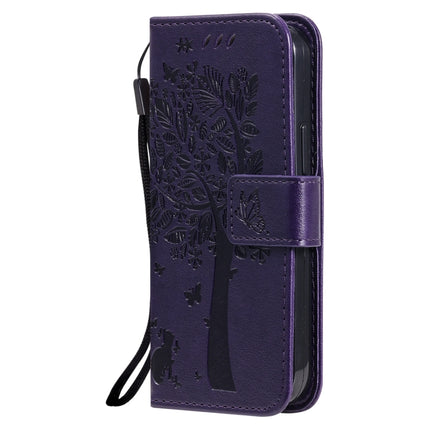 Tree & Cat Pattern Pressed Printing Horizontal Flip PU Leather Case with Holder & Card Slots & Wallet & Lanyard For iPhone 13 mini(Purple)-garmade.com