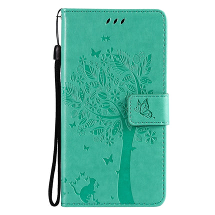 Tree & Cat Pattern Pressed Printing Horizontal Flip PU Leather Case with Holder & Card Slots & Wallet & Lanyard For iPhone 13(Green)-garmade.com