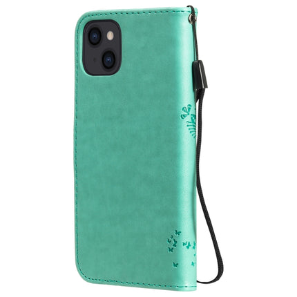 Tree & Cat Pattern Pressed Printing Horizontal Flip PU Leather Case with Holder & Card Slots & Wallet & Lanyard For iPhone 13(Green)-garmade.com