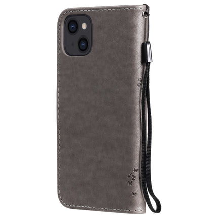 Tree & Cat Pattern Pressed Printing Horizontal Flip PU Leather Case with Holder & Card Slots & Wallet & Lanyard For iPhone 13(Grey)-garmade.com