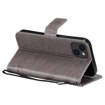 Tree & Cat Pattern Pressed Printing Horizontal Flip PU Leather Case with Holder & Card Slots & Wallet & Lanyard For iPhone 13(Grey)-garmade.com
