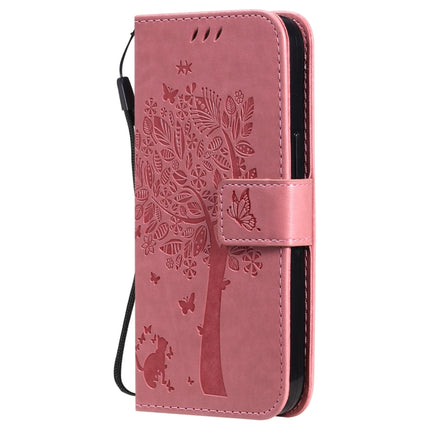 Tree & Cat Pattern Pressed Printing Horizontal Flip PU Leather Case with Holder & Card Slots & Wallet & Lanyard For iPhone 13(Pink)-garmade.com