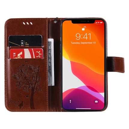 Tree & Cat Pattern Pressed Printing Horizontal Flip PU Leather Case with Holder & Card Slots & Wallet & Lanyard For iPhone 13(Brown)-garmade.com