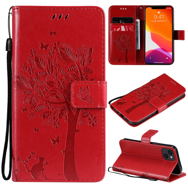 Tree & Cat Pattern Pressed Printing Horizontal Flip PU Leather Case with Holder & Card Slots & Wallet & Lanyard For iPhone 13(Red)-garmade.com