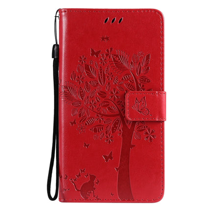Tree & Cat Pattern Pressed Printing Horizontal Flip PU Leather Case with Holder & Card Slots & Wallet & Lanyard For iPhone 13(Red)-garmade.com