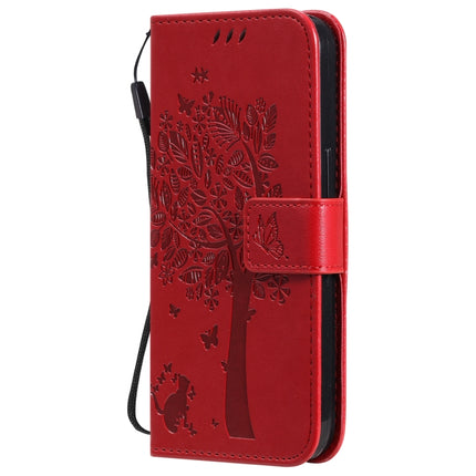 Tree & Cat Pattern Pressed Printing Horizontal Flip PU Leather Case with Holder & Card Slots & Wallet & Lanyard For iPhone 13(Red)-garmade.com