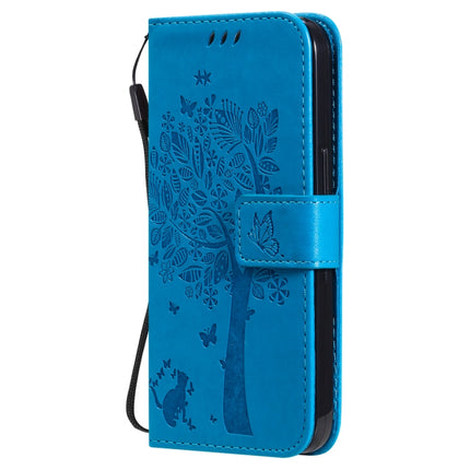 Tree & Cat Pattern Pressed Printing Horizontal Flip PU Leather Case with Holder & Card Slots & Wallet & Lanyard For iPhone 13(Blue)-garmade.com