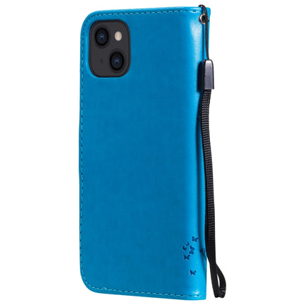 Tree & Cat Pattern Pressed Printing Horizontal Flip PU Leather Case with Holder & Card Slots & Wallet & Lanyard For iPhone 13(Blue)-garmade.com