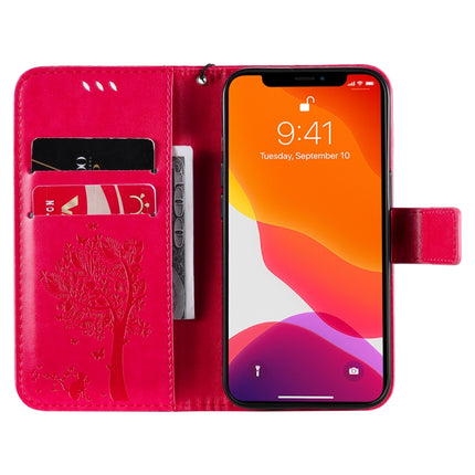 Tree & Cat Pattern Pressed Printing Horizontal Flip PU Leather Case with Holder & Card Slots & Wallet & Lanyard For iPhone 13(Rose Red)-garmade.com