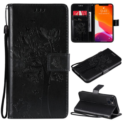 Tree & Cat Pattern Pressed Printing Horizontal Flip PU Leather Case with Holder & Card Slots & Wallet & Lanyard For iPhone 13(Black)-garmade.com
