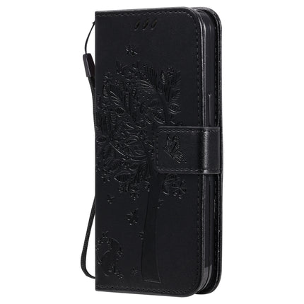 Tree & Cat Pattern Pressed Printing Horizontal Flip PU Leather Case with Holder & Card Slots & Wallet & Lanyard For iPhone 13(Black)-garmade.com