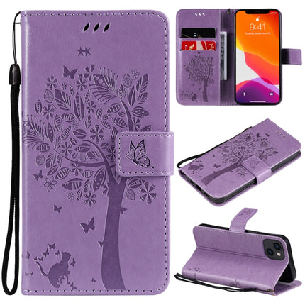 Tree & Cat Pattern Pressed Printing Horizontal Flip PU Leather Case with Holder & Card Slots & Wallet & Lanyard For iPhone 13(Light Purple)-garmade.com
