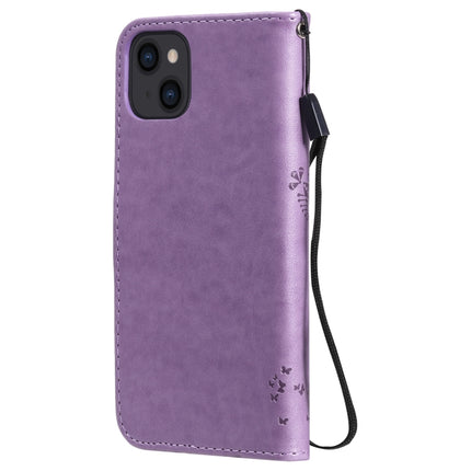 Tree & Cat Pattern Pressed Printing Horizontal Flip PU Leather Case with Holder & Card Slots & Wallet & Lanyard For iPhone 13(Light Purple)-garmade.com