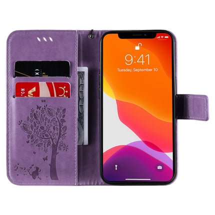 Tree & Cat Pattern Pressed Printing Horizontal Flip PU Leather Case with Holder & Card Slots & Wallet & Lanyard For iPhone 13(Light Purple)-garmade.com