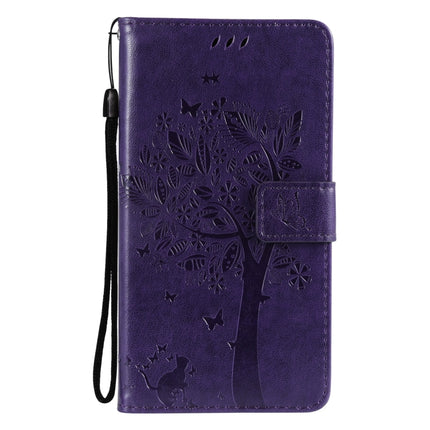 Tree & Cat Pattern Pressed Printing Horizontal Flip PU Leather Case with Holder & Card Slots & Wallet & Lanyard For iPhone 13(Purple)-garmade.com