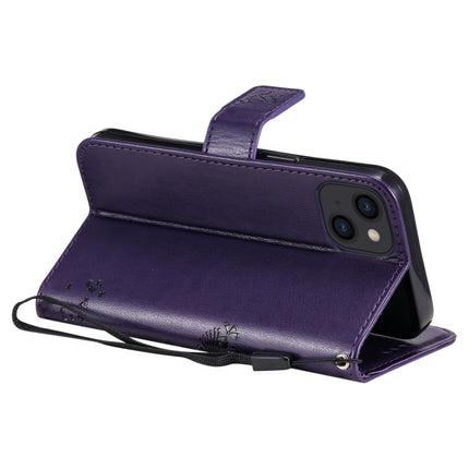 Tree & Cat Pattern Pressed Printing Horizontal Flip PU Leather Case with Holder & Card Slots & Wallet & Lanyard For iPhone 13(Purple)-garmade.com