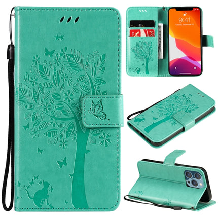 Tree & Cat Pattern Pressed Printing Horizontal Flip PU Leather Case with Holder & Card Slots & Wallet & Lanyard For iPhone 13 Pro(Green)-garmade.com