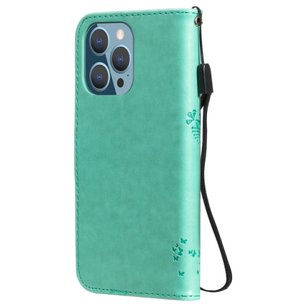 Tree & Cat Pattern Pressed Printing Horizontal Flip PU Leather Case with Holder & Card Slots & Wallet & Lanyard For iPhone 13 Pro(Green)-garmade.com