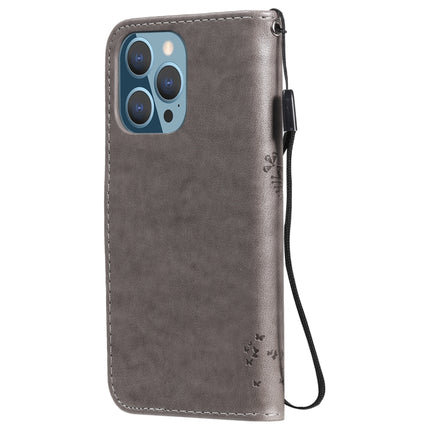 Tree & Cat Pattern Pressed Printing Horizontal Flip PU Leather Case with Holder & Card Slots & Wallet & Lanyard For iPhone 13 Pro(Grey)-garmade.com