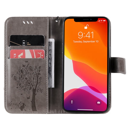 Tree & Cat Pattern Pressed Printing Horizontal Flip PU Leather Case with Holder & Card Slots & Wallet & Lanyard For iPhone 13 Pro(Grey)-garmade.com