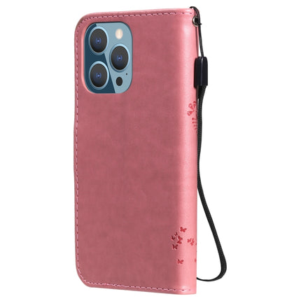 Tree & Cat Pattern Pressed Printing Horizontal Flip PU Leather Case with Holder & Card Slots & Wallet & Lanyard For iPhone 13 Pro(Pink)-garmade.com