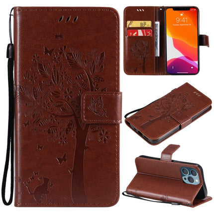 Tree & Cat Pattern Pressed Printing Horizontal Flip PU Leather Case with Holder & Card Slots & Wallet & Lanyard For iPhone 13 Pro(Brown)-garmade.com