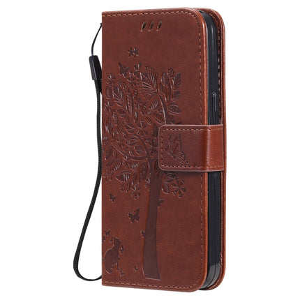 Tree & Cat Pattern Pressed Printing Horizontal Flip PU Leather Case with Holder & Card Slots & Wallet & Lanyard For iPhone 13 Pro(Brown)-garmade.com