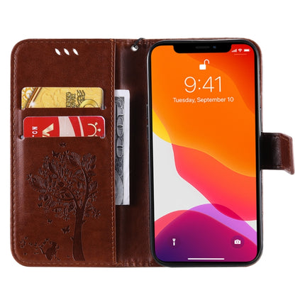 Tree & Cat Pattern Pressed Printing Horizontal Flip PU Leather Case with Holder & Card Slots & Wallet & Lanyard For iPhone 13 Pro(Brown)-garmade.com