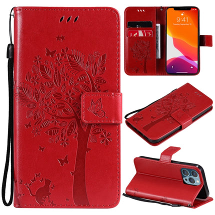 Tree & Cat Pattern Pressed Printing Horizontal Flip PU Leather Case with Holder & Card Slots & Wallet & Lanyard For iPhone 13 Pro(Red)-garmade.com