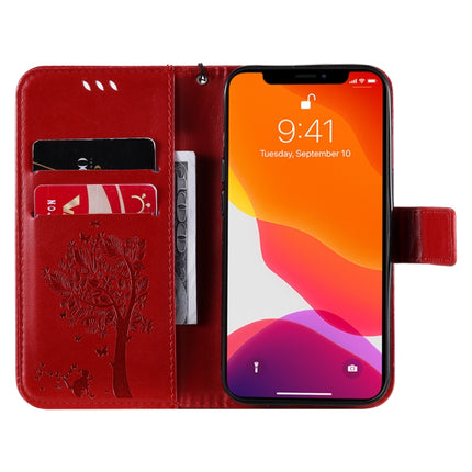 Tree & Cat Pattern Pressed Printing Horizontal Flip PU Leather Case with Holder & Card Slots & Wallet & Lanyard For iPhone 13 Pro(Red)-garmade.com