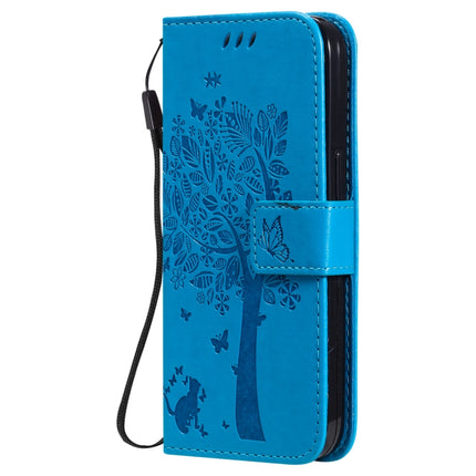 Tree & Cat Pattern Pressed Printing Horizontal Flip PU Leather Case with Holder & Card Slots & Wallet & Lanyard For iPhone 13 Pro(Blue)-garmade.com