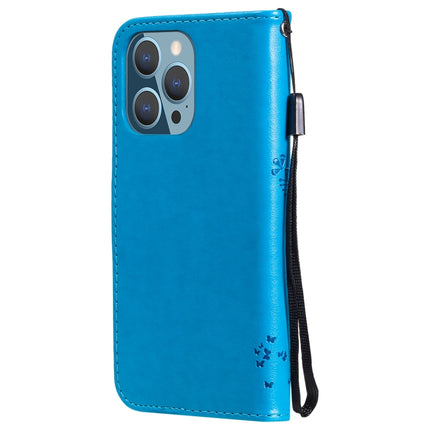 Tree & Cat Pattern Pressed Printing Horizontal Flip PU Leather Case with Holder & Card Slots & Wallet & Lanyard For iPhone 13 Pro(Blue)-garmade.com