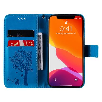 Tree & Cat Pattern Pressed Printing Horizontal Flip PU Leather Case with Holder & Card Slots & Wallet & Lanyard For iPhone 13 Pro(Blue)-garmade.com