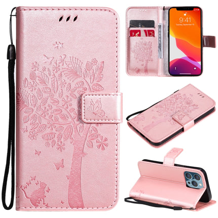 Tree & Cat Pattern Pressed Printing Horizontal Flip PU Leather Case with Holder & Card Slots & Wallet & Lanyard For iPhone 13 Pro(Rose Gold)-garmade.com